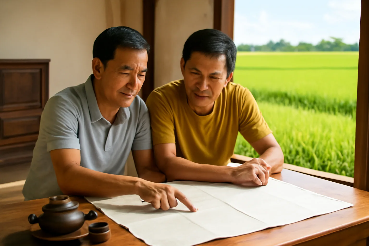 Hai anh em trung niên xem bản đồ thửa đất gấp gọn trên bàn trà ở nhà quê