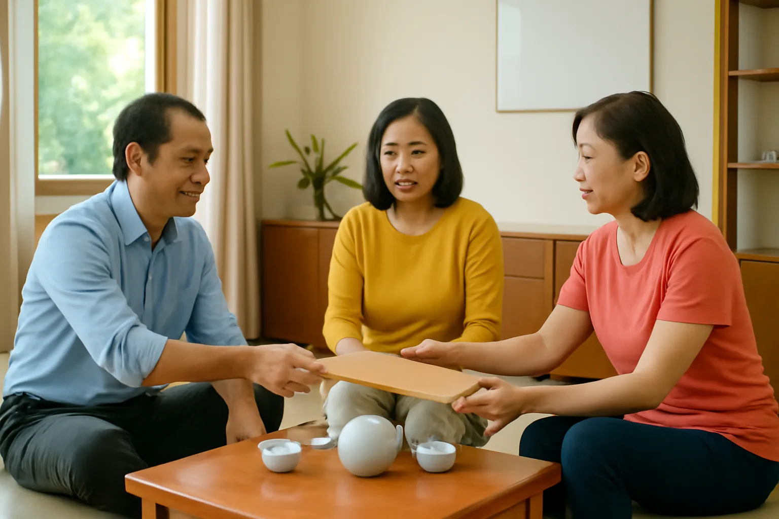 Ba anh chị em trung niên ngồi quanh bàn uống trà bàn chuyện chia căn nhà của cha mẹ