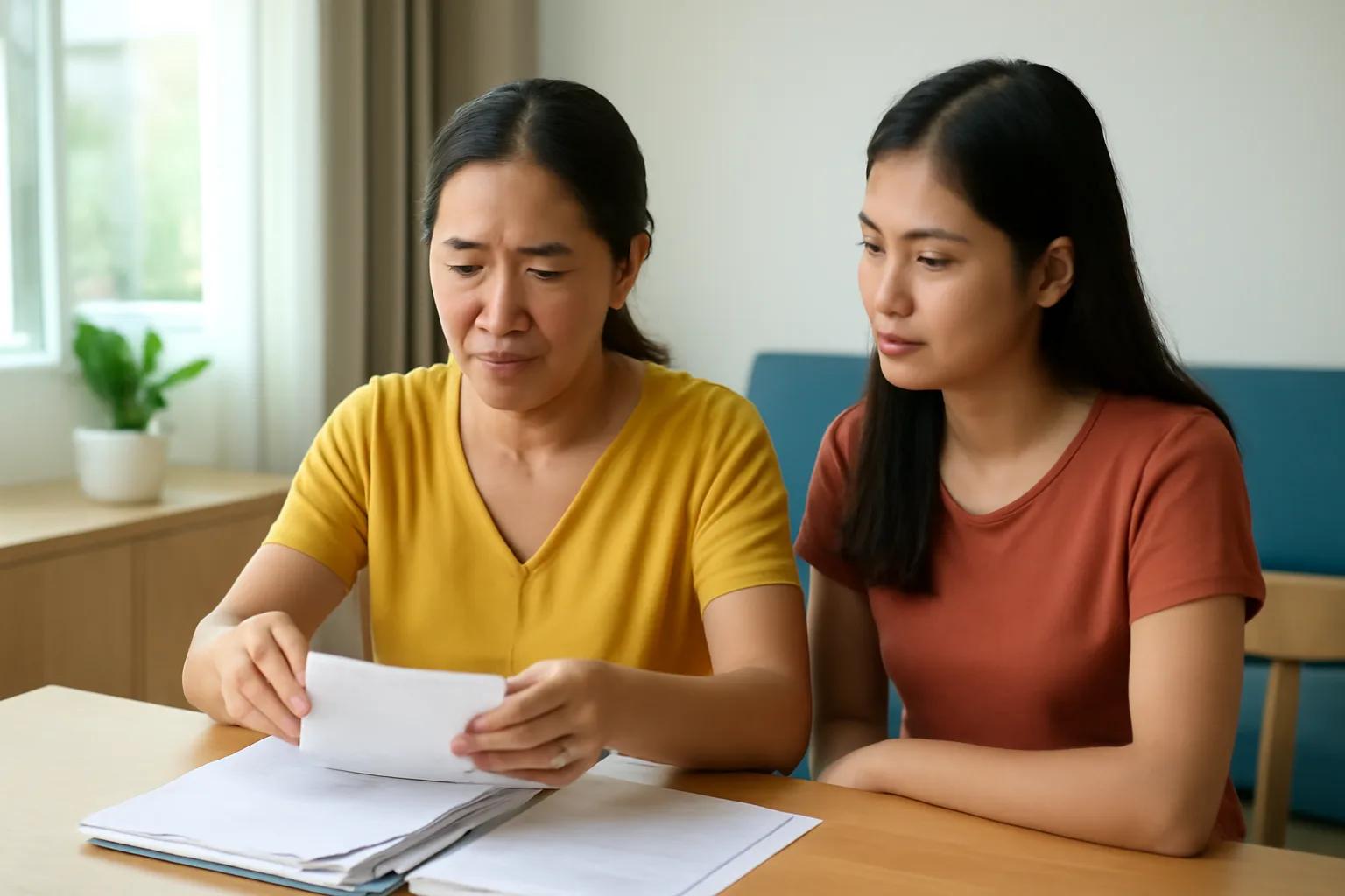 Người phụ nữ trung niên xếp hoá đơn viện phí vào bìa hồ sơ tại bàn ăn gia đình