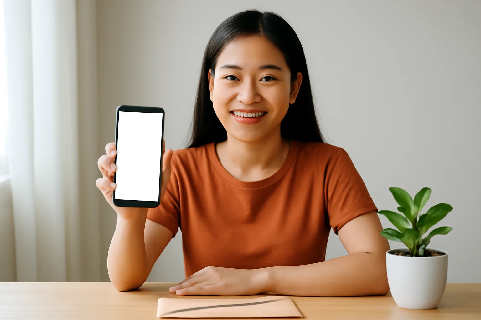 Người phụ nữ trẻ chuyển khoản ủng hộ trên điện thoại tại bàn làm việc ở nhà
