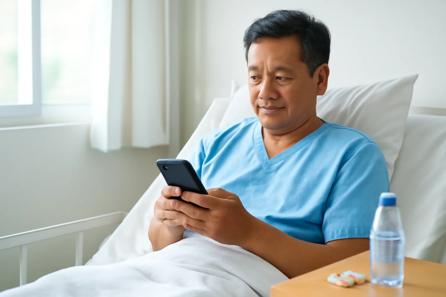 Người đàn ông trung niên ngồi trên giường bệnh dùng điện thoại, bên cạnh là túi thuốc