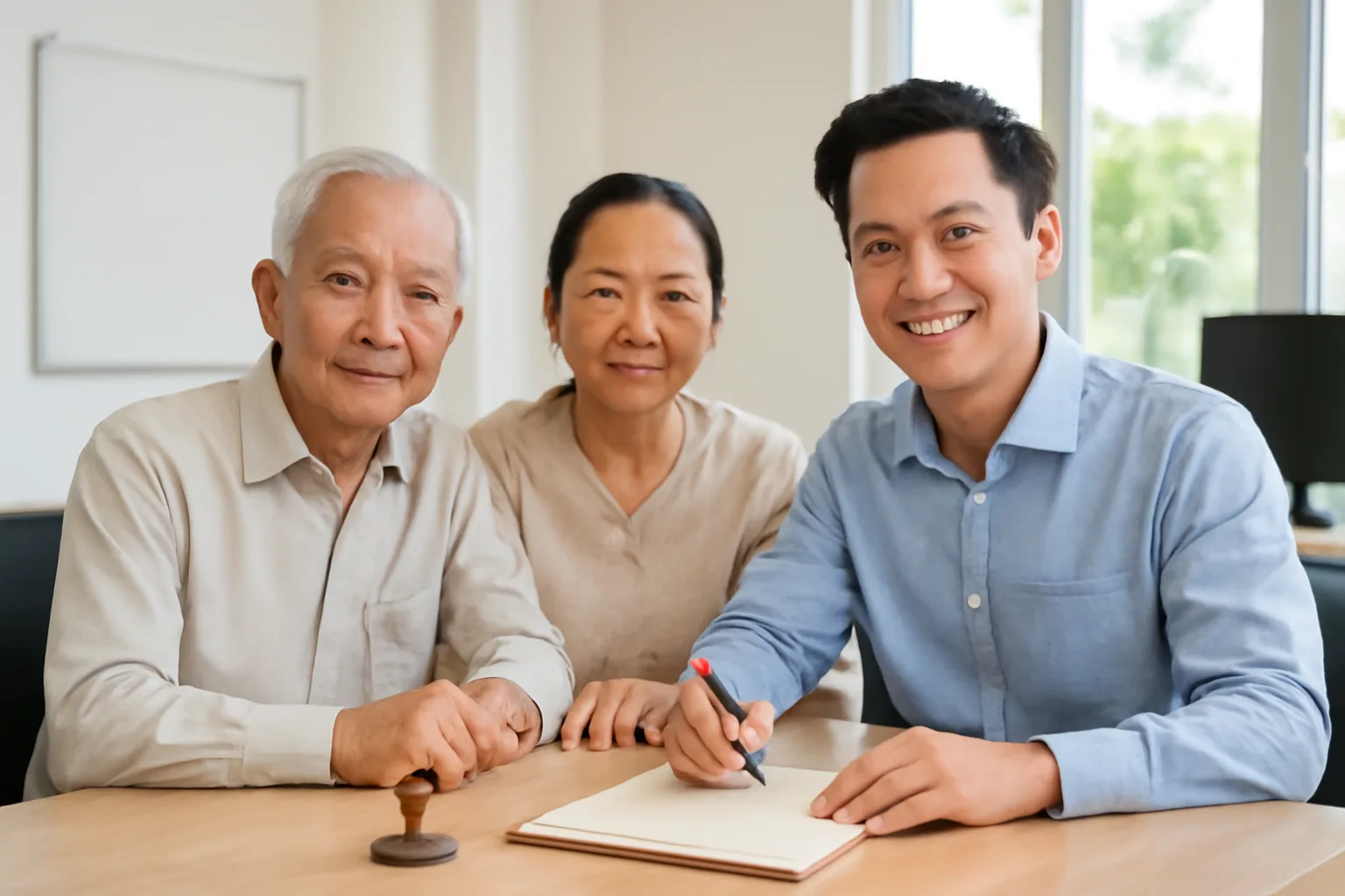 Cha mẹ lớn tuổi và con trai trưởng thành ký giấy tờ tại phòng công chứng