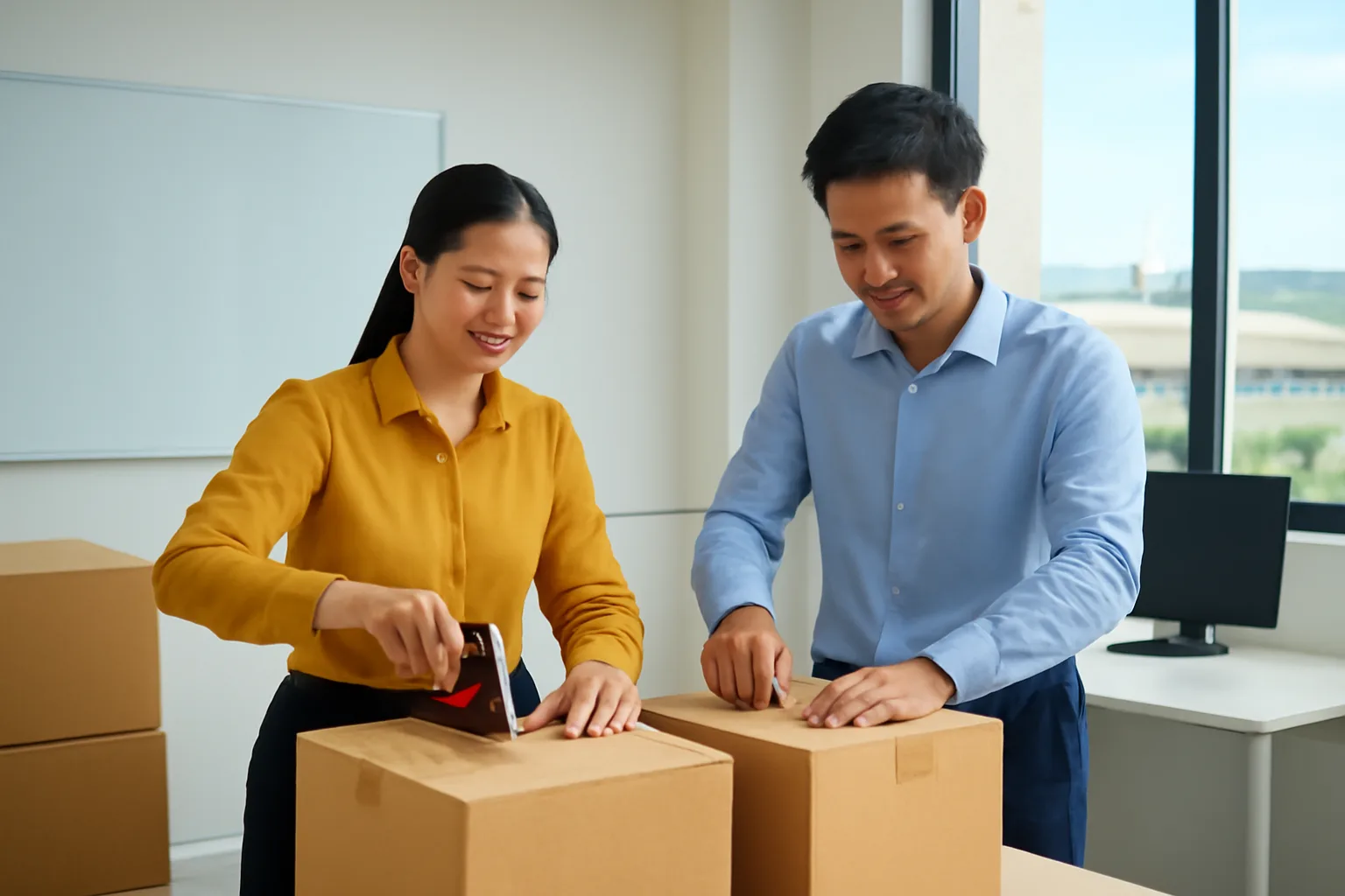 Nhân viên văn phòng đóng thùng tài liệu chuẩn bị chuyển trụ sở trong khi nhà máy vẫn chạy phía xa