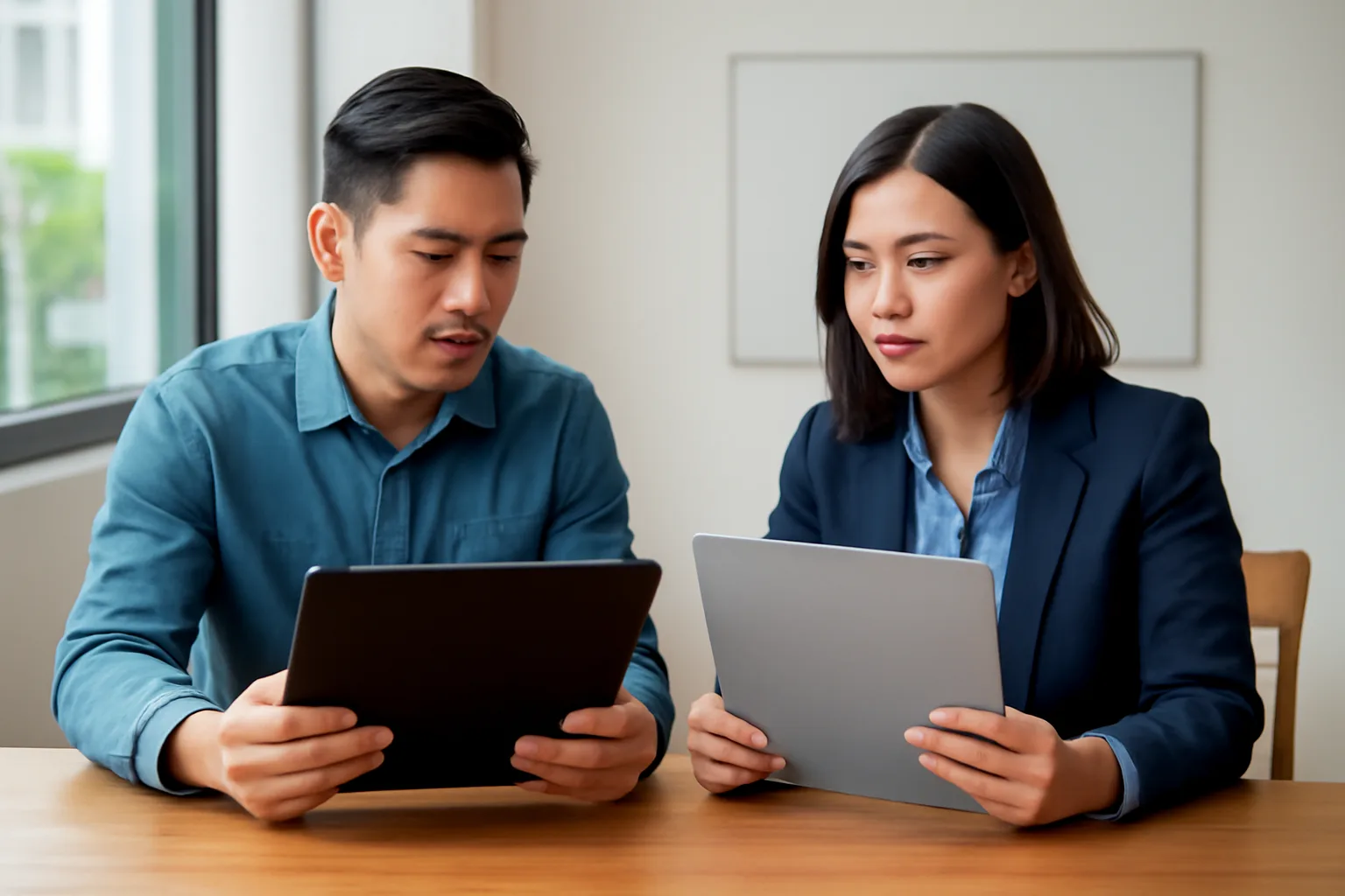 Hai nhà sáng lập xem lại giấy tờ thành lập công ty bên bàn làm việc gỗ