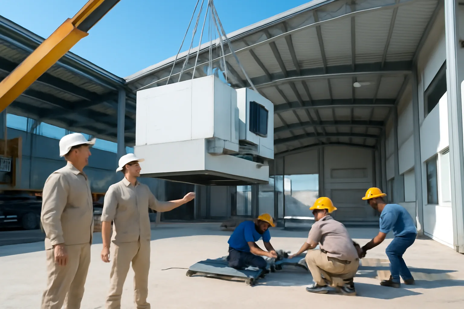 Kỹ sư và công nhân lắp đặt dây chuyền mới trong nhà xưởng vừa mở rộng