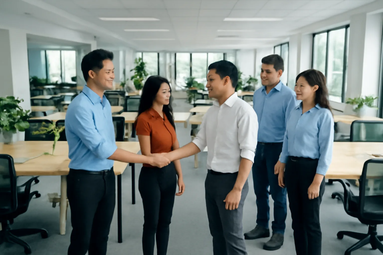 Hai nhà sáng lập trẻ chào đón nhóm nhân viên mới trong văn phòng vừa mở rộng