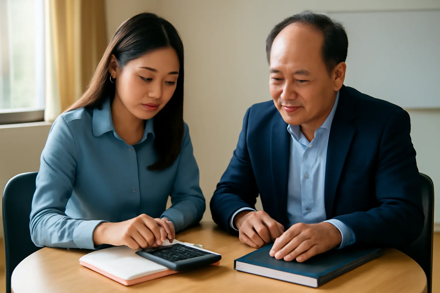 Giám đốc tài chính và chủ doanh nghiệp tính toán dòng tiền bên bàn họp nhỏ