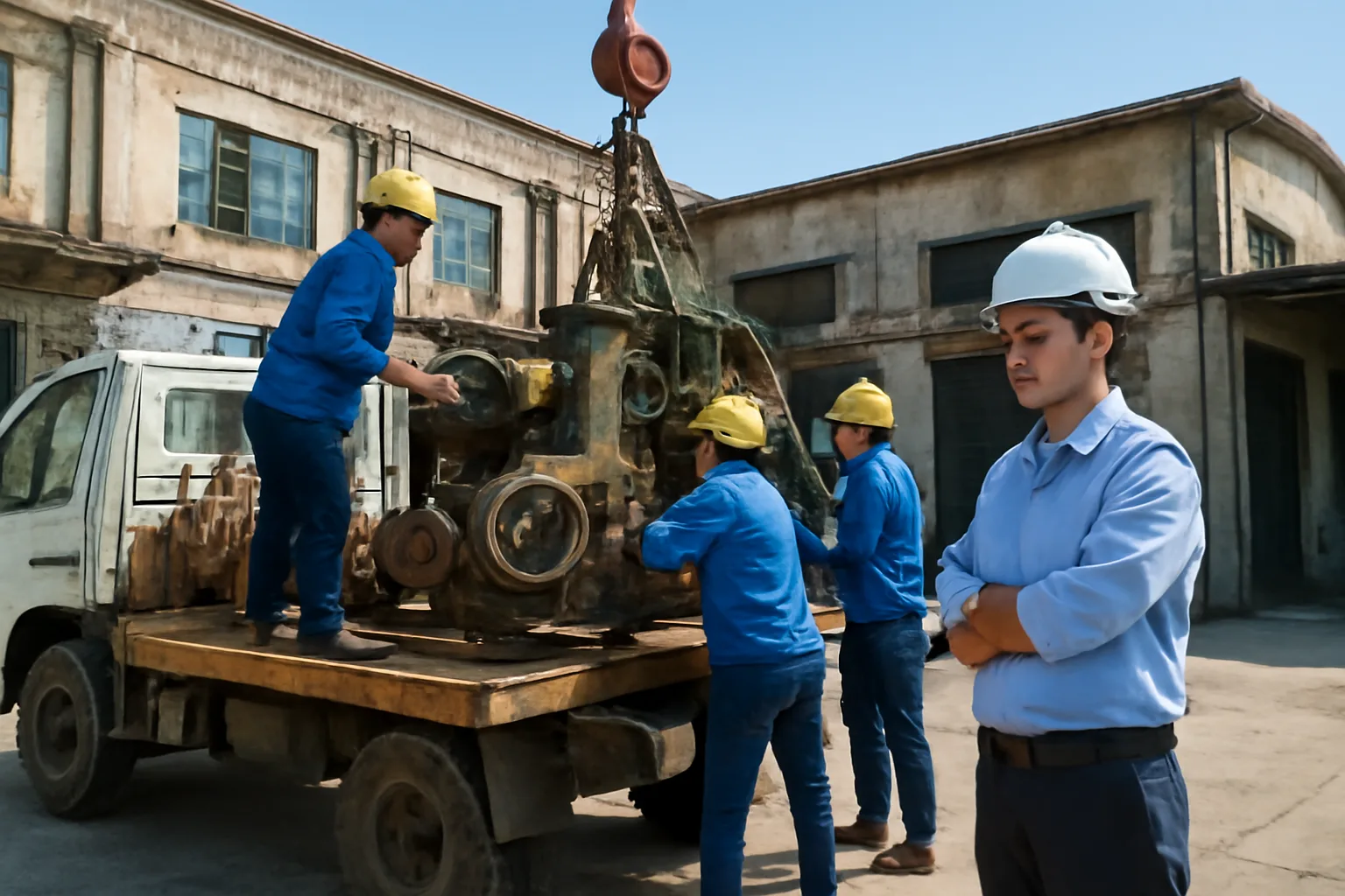 Công nhân tháo dỡ máy móc chuẩn bị di dời nhà xưởng sang địa điểm mới