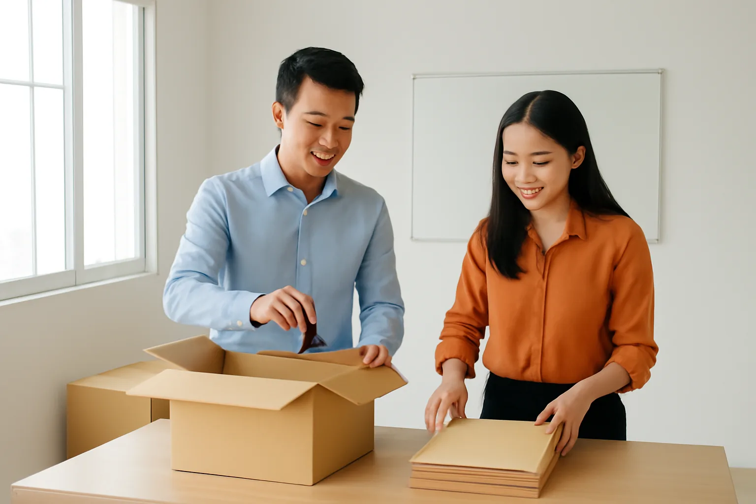 Hai nhà sáng lập trẻ sắp xếp hồ sơ thành lập công ty trong văn phòng nhỏ mới thuê