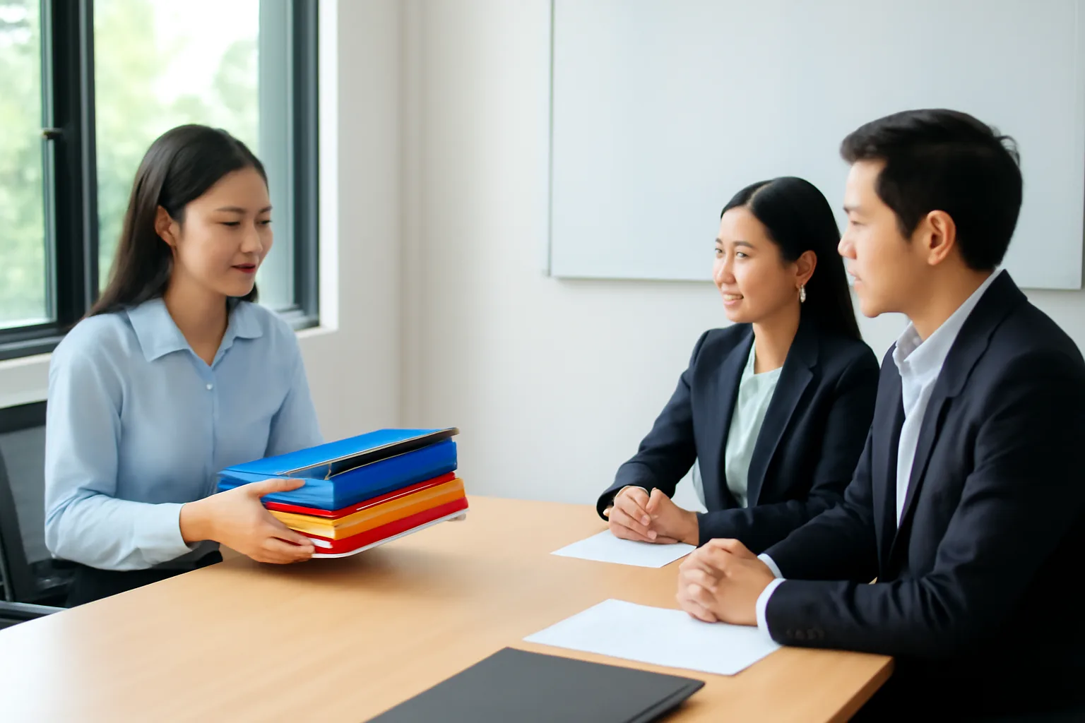 Kế toán trưởng trình bày tập hồ sơ ưu đãi với hai cán bộ kiểm tra thuế tại phòng họp doanh nghiệp