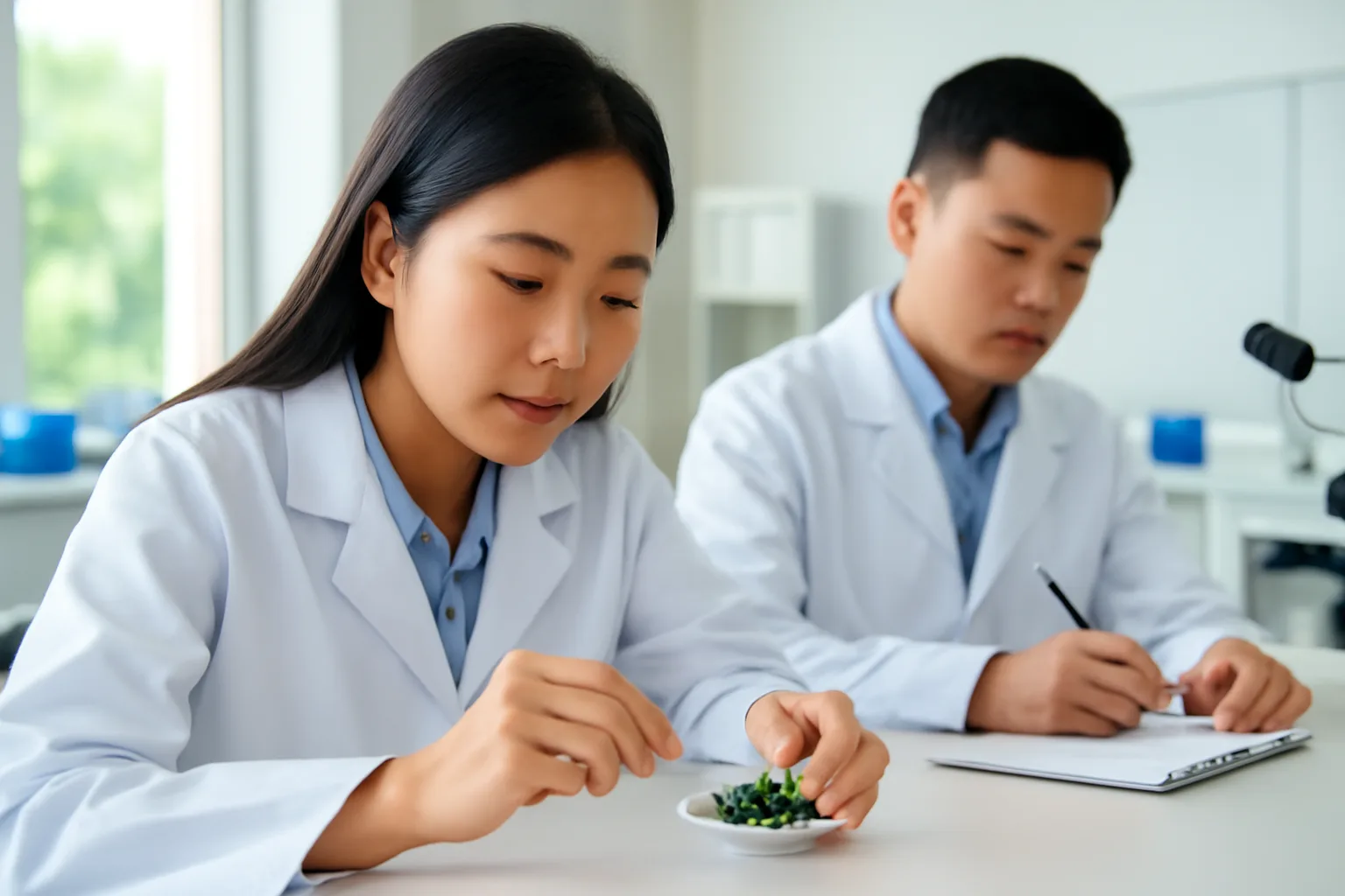 Kỹ sư trẻ kiểm tra mẫu thử trong phòng thí nghiệm của một doanh nghiệp công nghệ