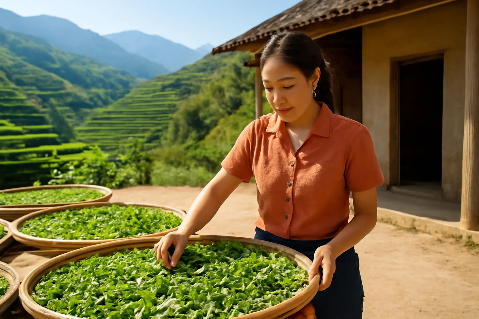 Chủ xưởng chế biến nhỏ ở vùng núi kiểm tra hàng trước cửa xưởng