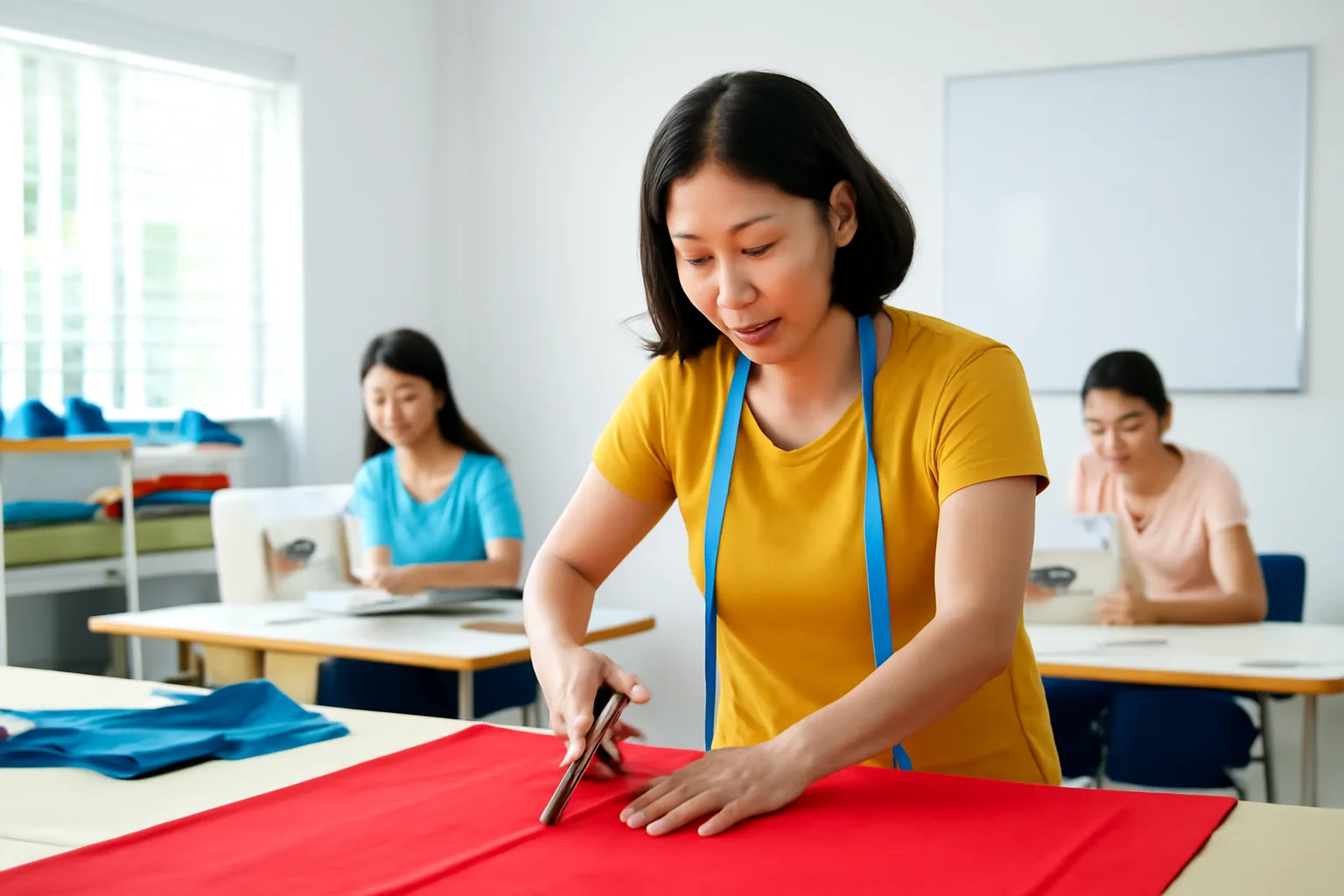 Chủ tiệm may nhỏ là phụ nữ trung niên đang cắt vải trong xưởng sáng sủa