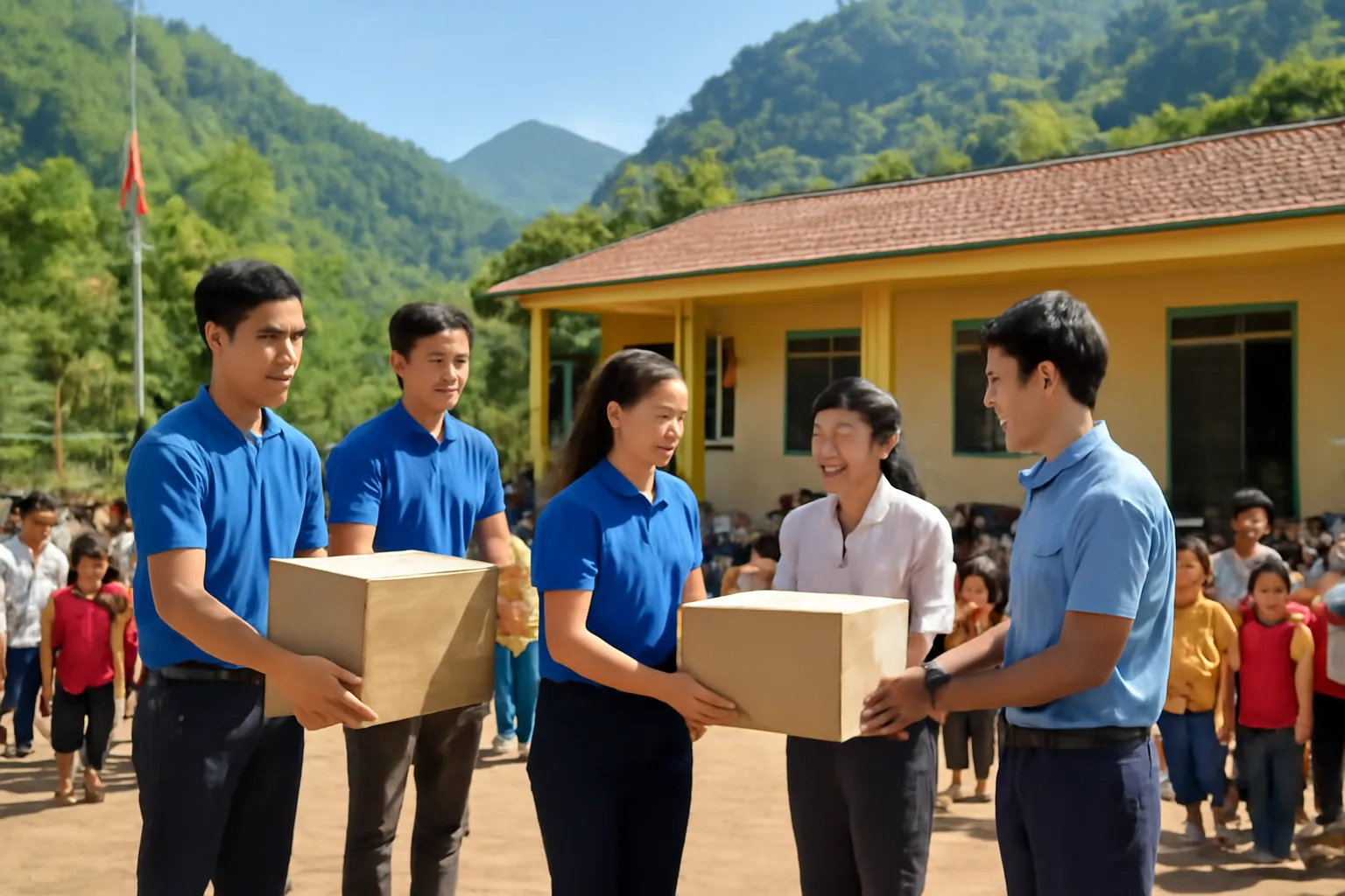 Đại diện doanh nghiệp bàn giao thùng thiết bị học tập cho thầy cô tại sân trường vùng cao