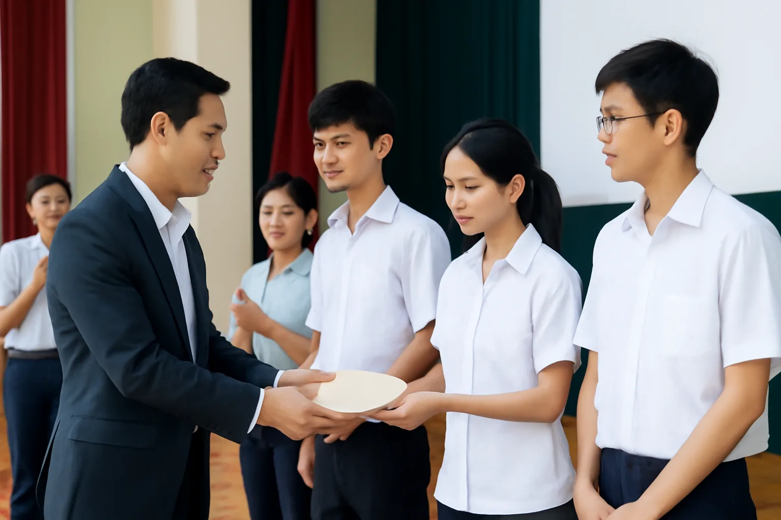 Đại diện doanh nghiệp trao phong bì học bổng cho học sinh trong hội trường trường học