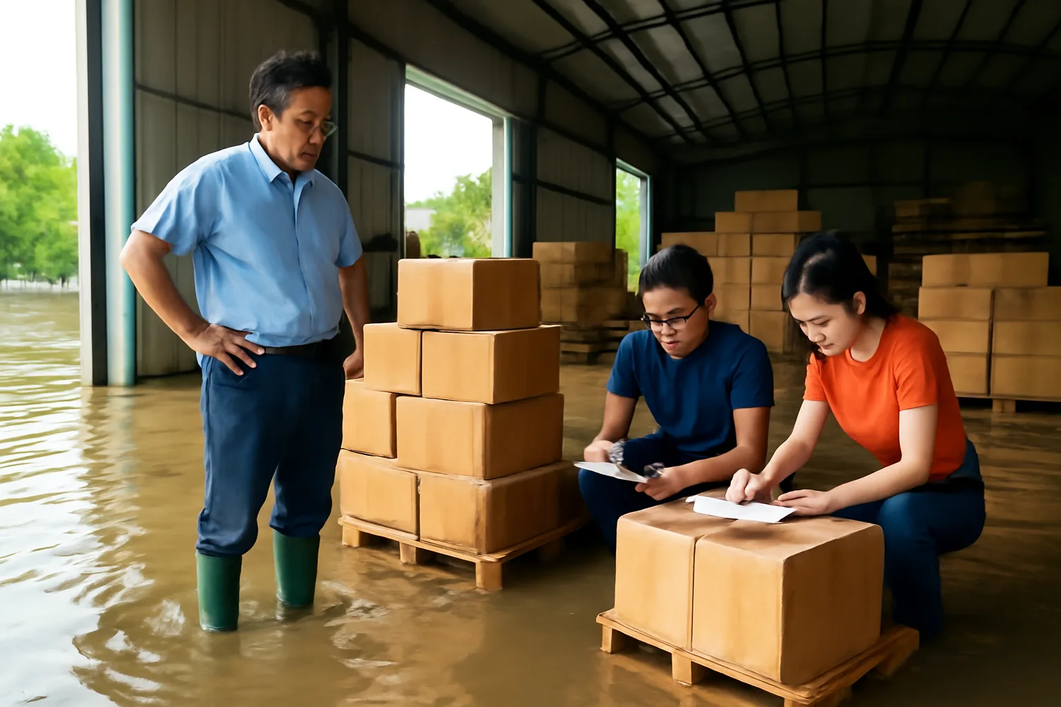 Chủ kho và nhân viên kiểm đếm hàng hư hỏng sau mưa lũ trong nhà kho