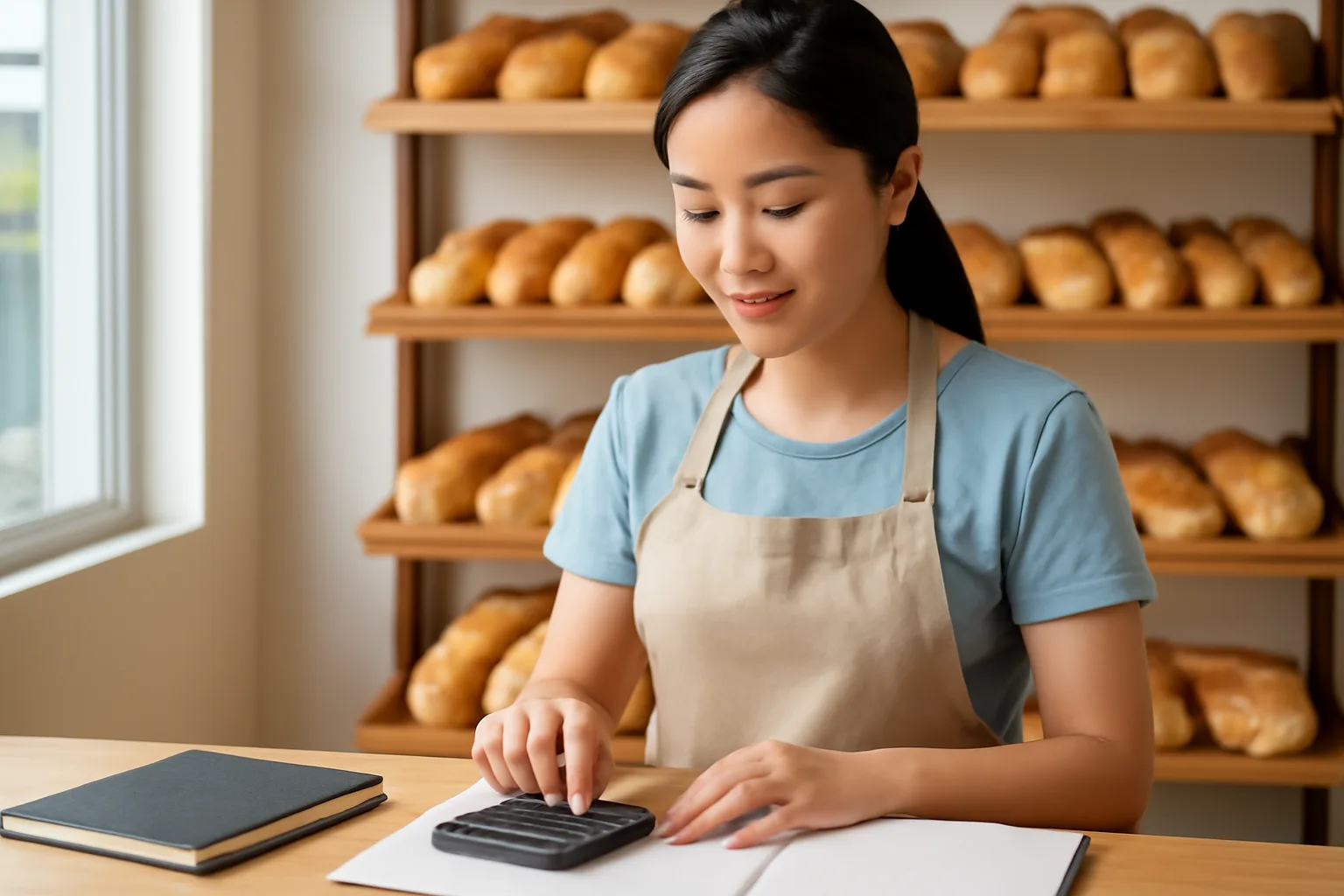 Chủ tiệm bánh cộng sổ doanh thu bằng máy tính bỏ túi sau giờ đóng cửa