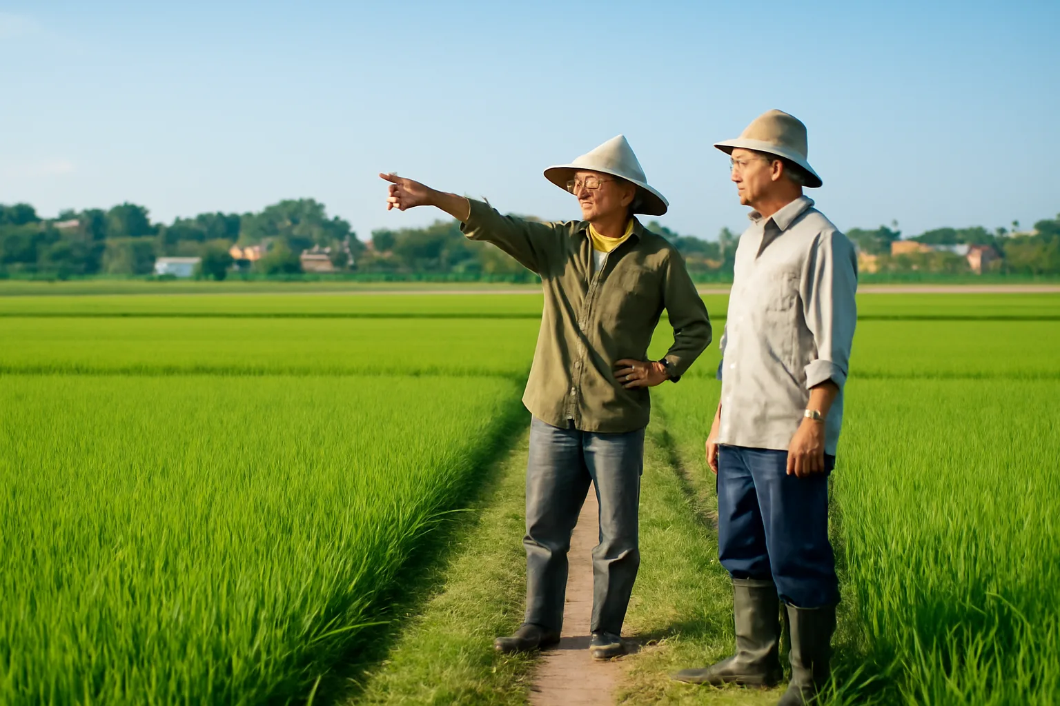 Hai nông dân đứng trên bờ ruộng bàn chuyện đổi thửa cho liền mảnh