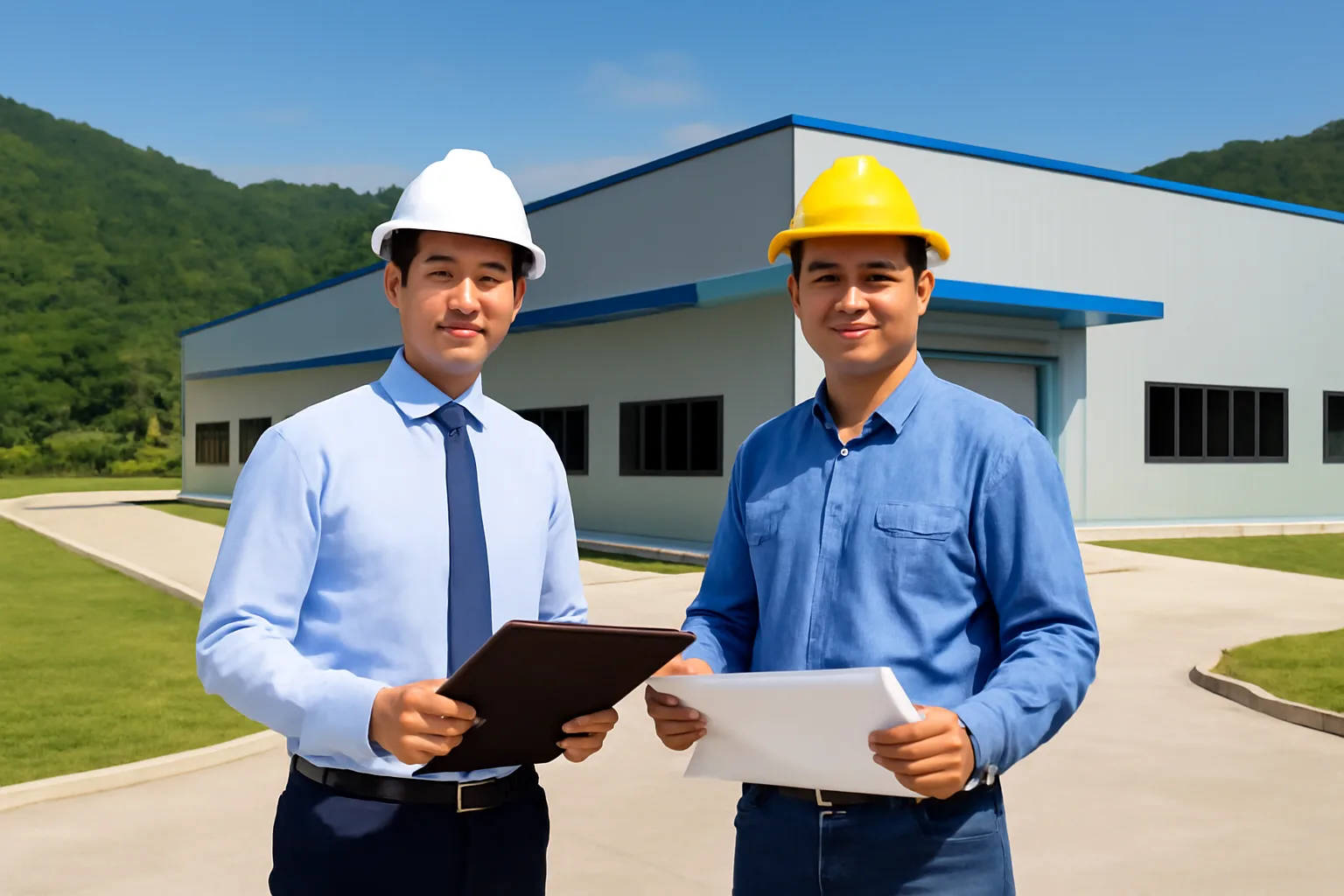 Kỹ sư và quản lý dự án đứng trước nhà máy mới xây ở vùng đồi núi