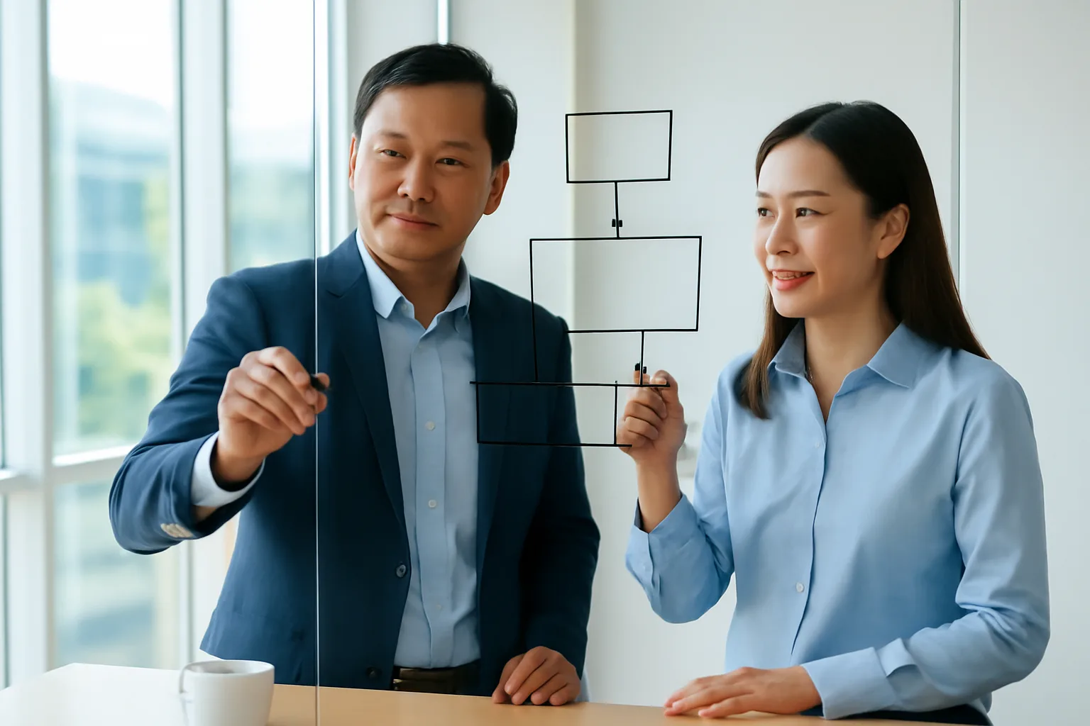 Giám đốc doanh nghiệp nhỏ và kế toán cùng xem bảng kế hoạch dòng tiền trên bảng trắng