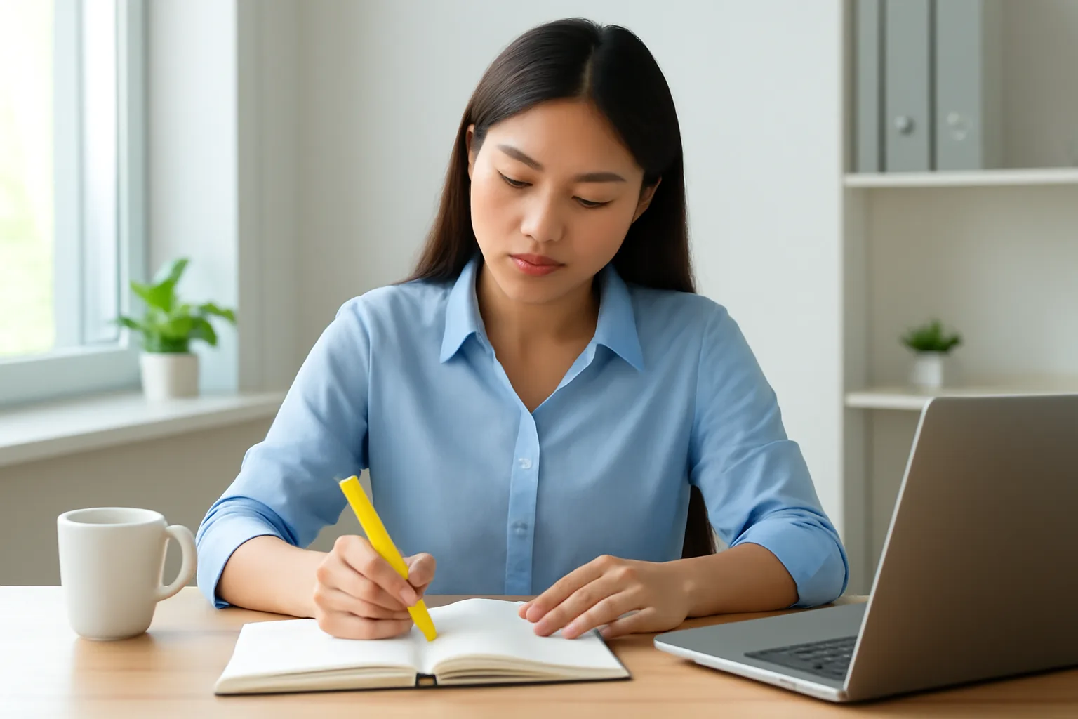 Kế toán doanh nghiệp đọc kỹ văn bản trên máy tính xách tay, bên cạnh bút dạ và sổ tay