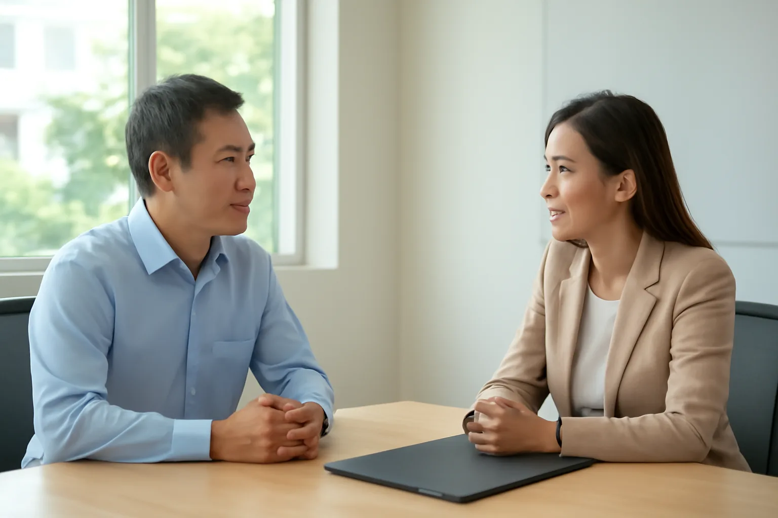 Nhân viên văn phòng và cán bộ nhân sự trao đổi trong phòng họp nhỏ trước khi ký thoả thuận nghỉ việc
