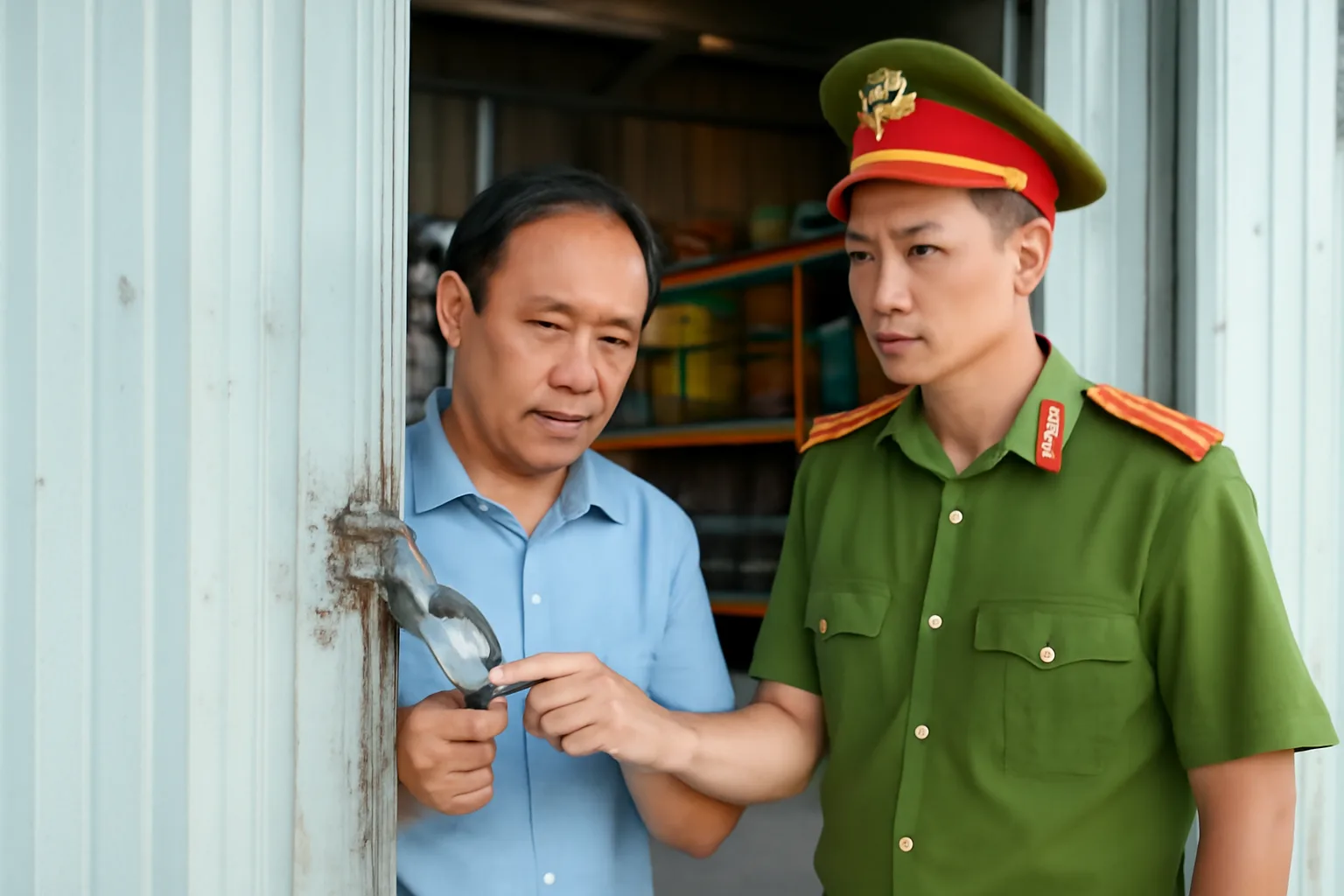 Chủ kho hàng cùng cán bộ công an kiểm tra cửa kho bị phá khoá buổi sáng