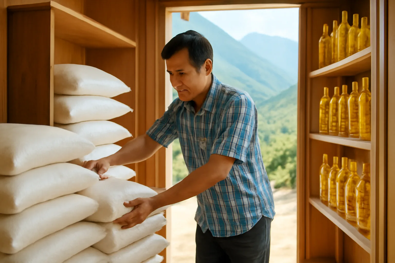 Chủ quán tạp hoá ở xã vùng cao sắp xếp hàng hoá trên kệ gỗ