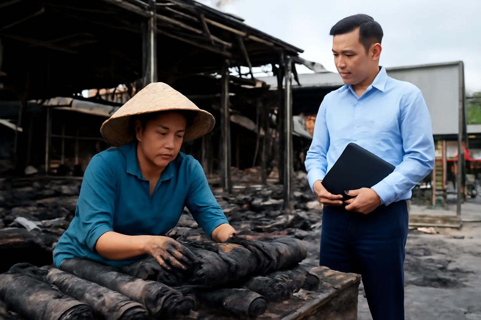 Tiểu thương dọn dẹp sạp hàng bị cháy trong chợ, bên cạnh là cán bộ địa phương