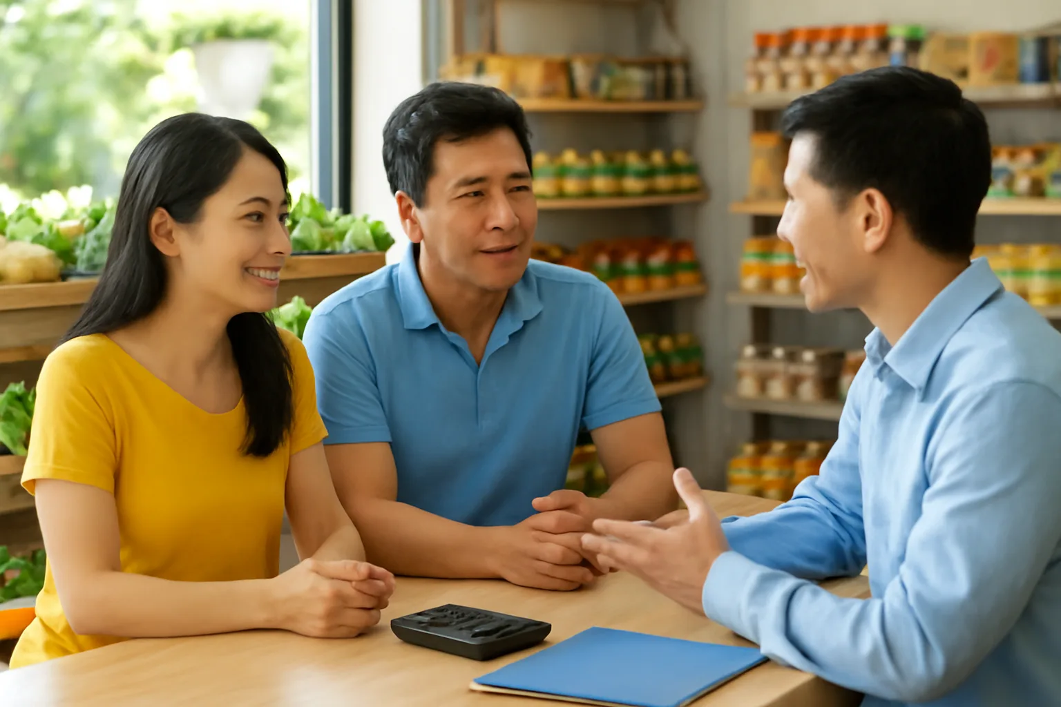 Chủ tiệm tạp hoá gia đình ngồi trao đổi với người tư vấn tại quầy hàng