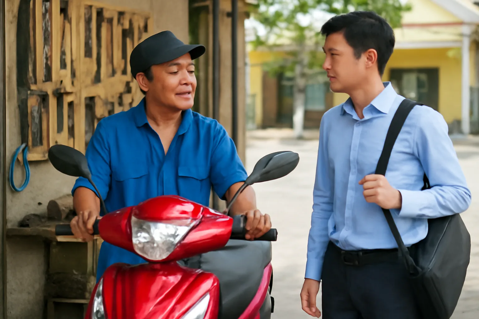 Chủ tiệm sửa xe máy trao đổi với khách là nhân viên công ty trước cửa tiệm