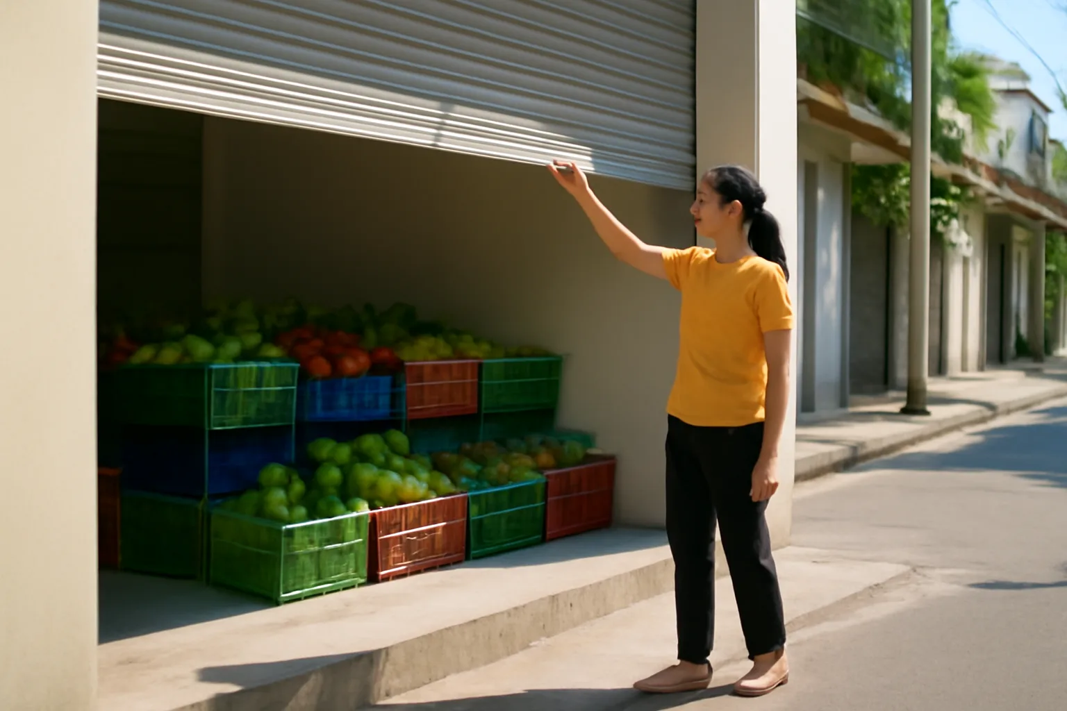 Chủ tiệm nhỏ kéo cửa cuốn mở hàng ngày đầu kinh doanh buổi sáng