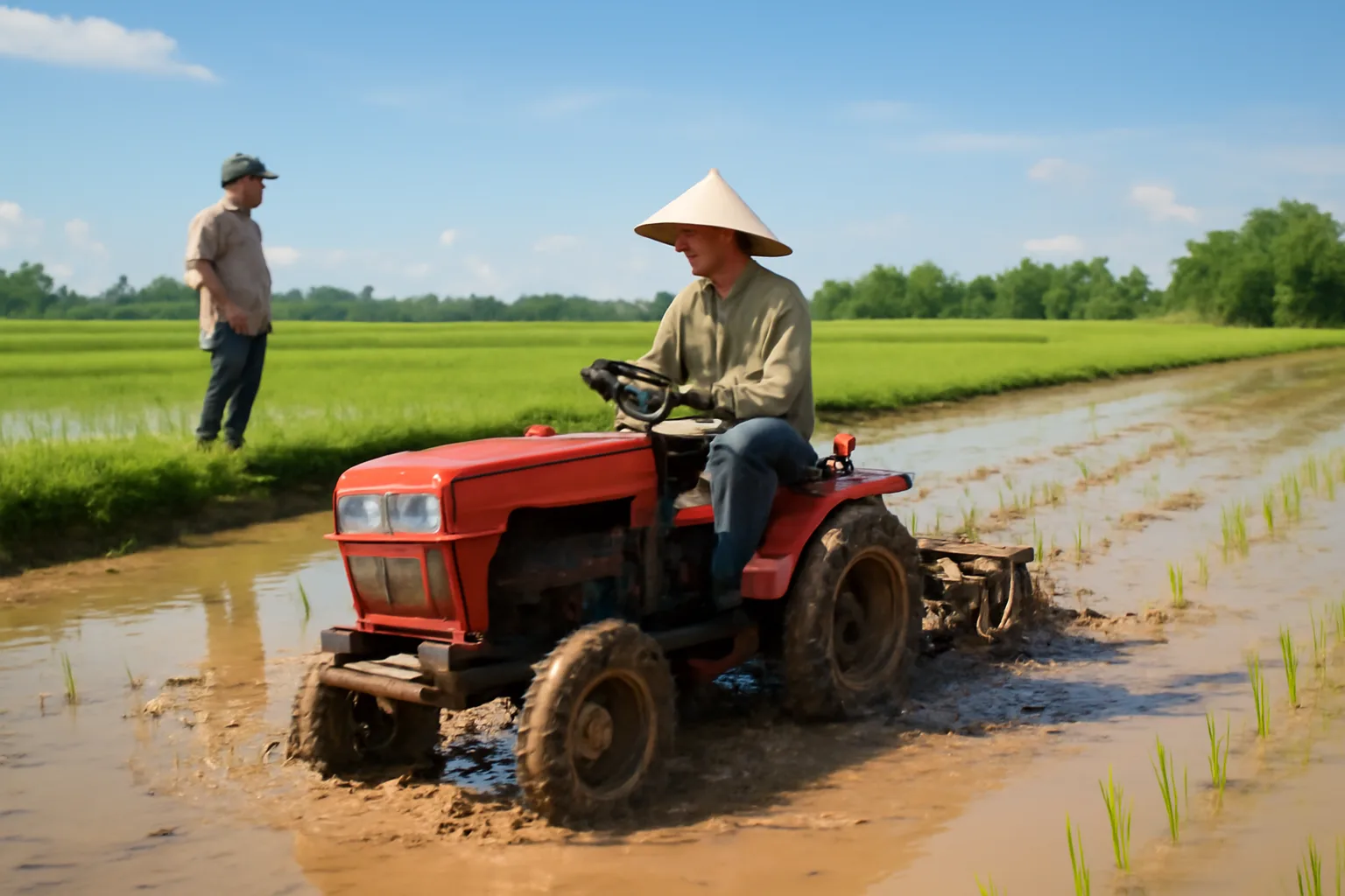 Nông dân lái máy cày nhỏ làm đất thuê trên ruộng nước buổi sáng