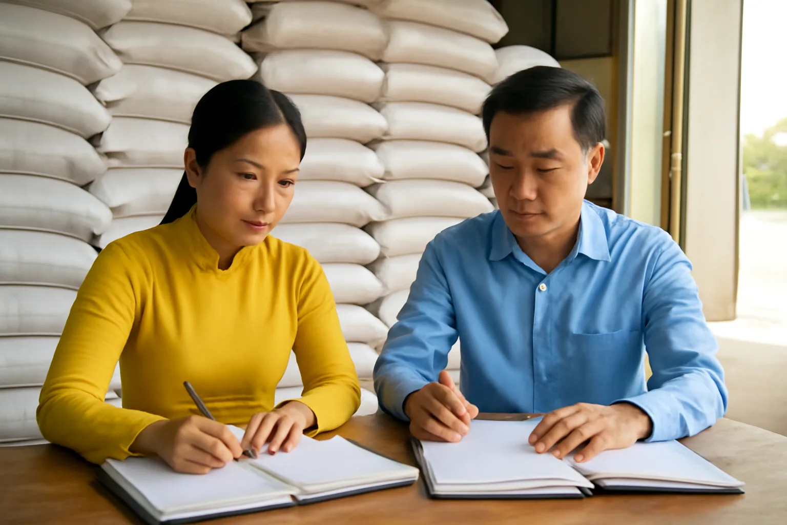 Cán bộ hợp tác xã ngồi rà sổ sách bên bàn gỗ trong nhà kho nông sản