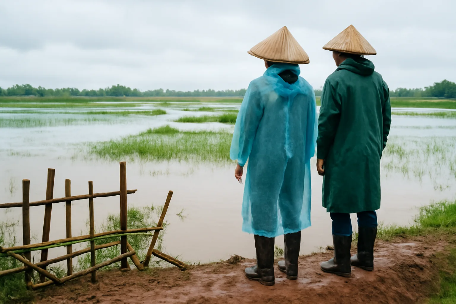 Nông dân đứng trên bờ ruộng lúa bị ngập sau lũ, nhìn xuống cánh đồng