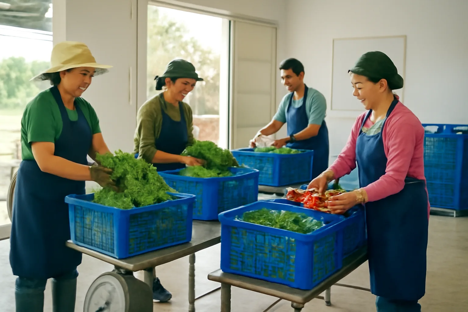 Xã viên hợp tác xã cân và đóng thùng rau củ trong nhà sơ chế