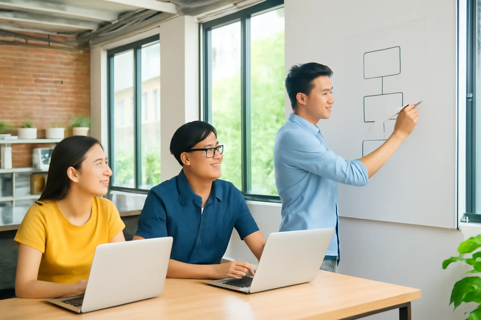 Nhóm lập trình viên trẻ trao đổi quanh bàn làm việc chung trong văn phòng nhỏ