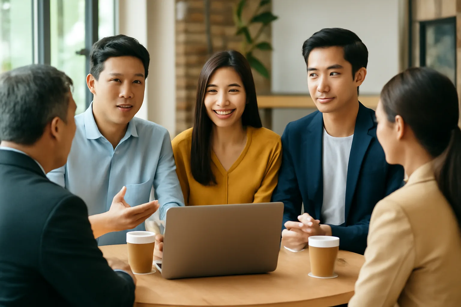 Nhóm sáng lập trẻ trình bày với nhà đầu tư quanh bàn họp nhỏ trong không gian làm việc chung