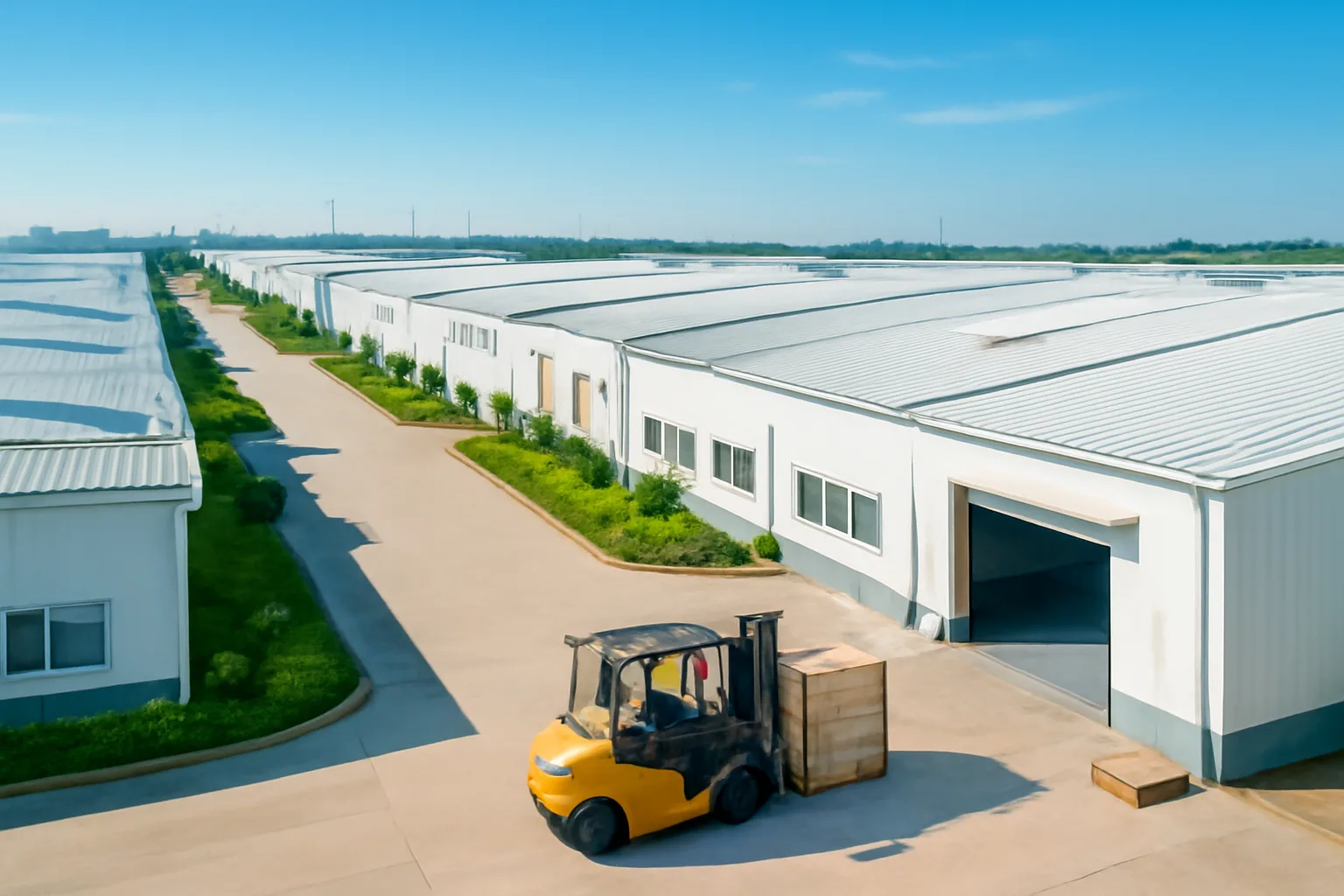 Xe nâng chuyển pallet hàng trong nhà xưởng ở khu công nghiệp ngày nắng