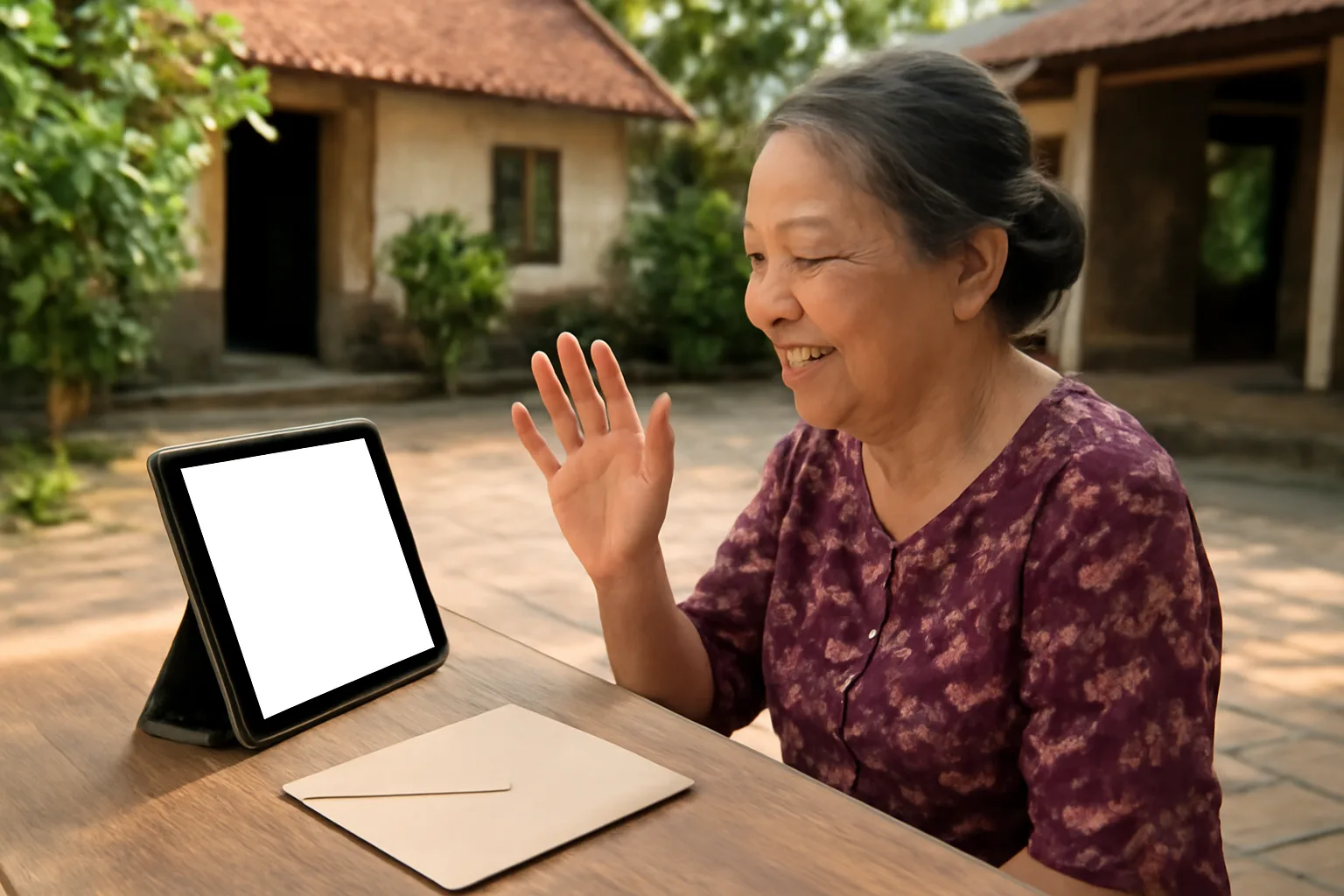Người mẹ ở quê gọi video cho con đang làm việc ở nước ngoài, bên cạnh là phong bì chuyển tiền