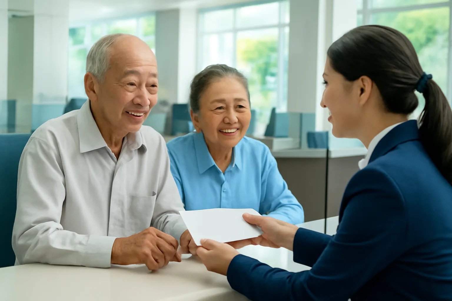Cặp vợ chồng lớn tuổi ngồi ở quầy giao dịch ngân hàng làm thủ tục tất toán sổ tiết kiệm