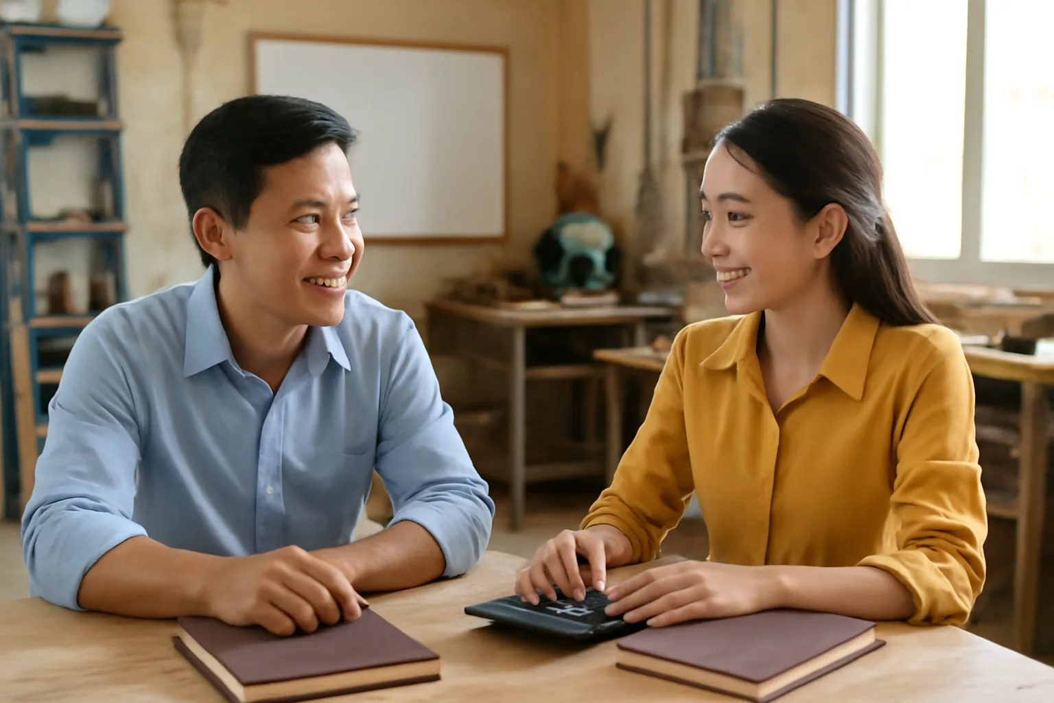 Chủ doanh nghiệp nhỏ ngồi cùng kế toán rà lại kế hoạch tiền trong xưởng vắng