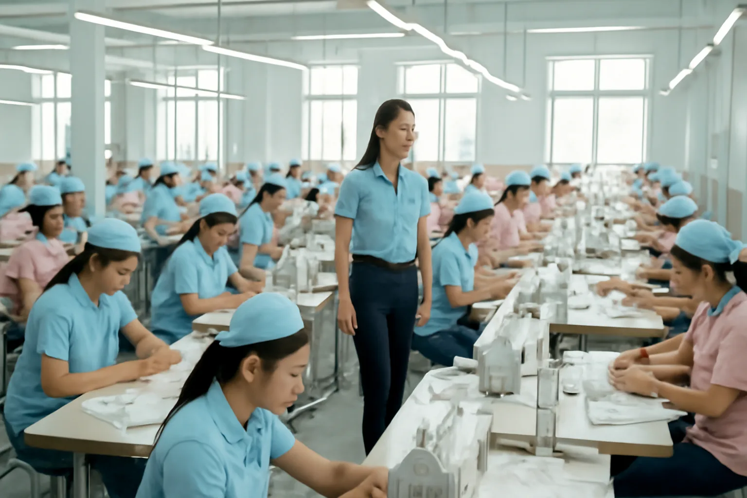 Nữ công nhân may làm việc trên dây chuyền trong nhà xưởng sáng sủa
