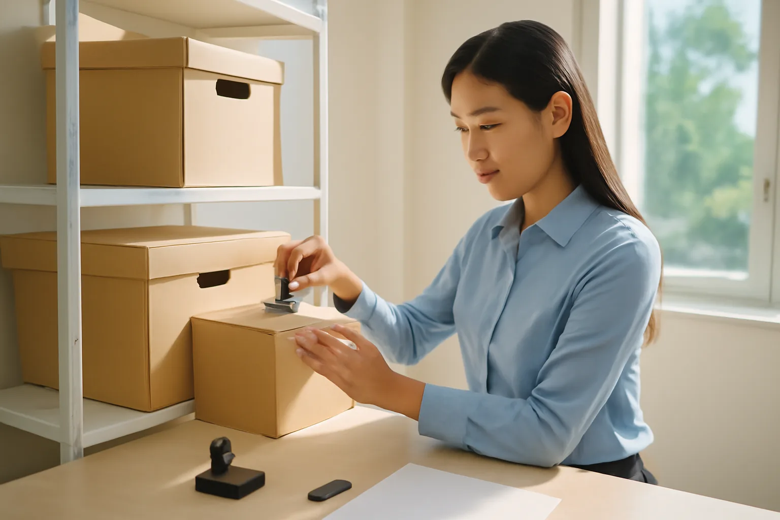 Chủ công ty trẻ dán nhãn các hộp hồ sơ trong văn phòng mới thuê