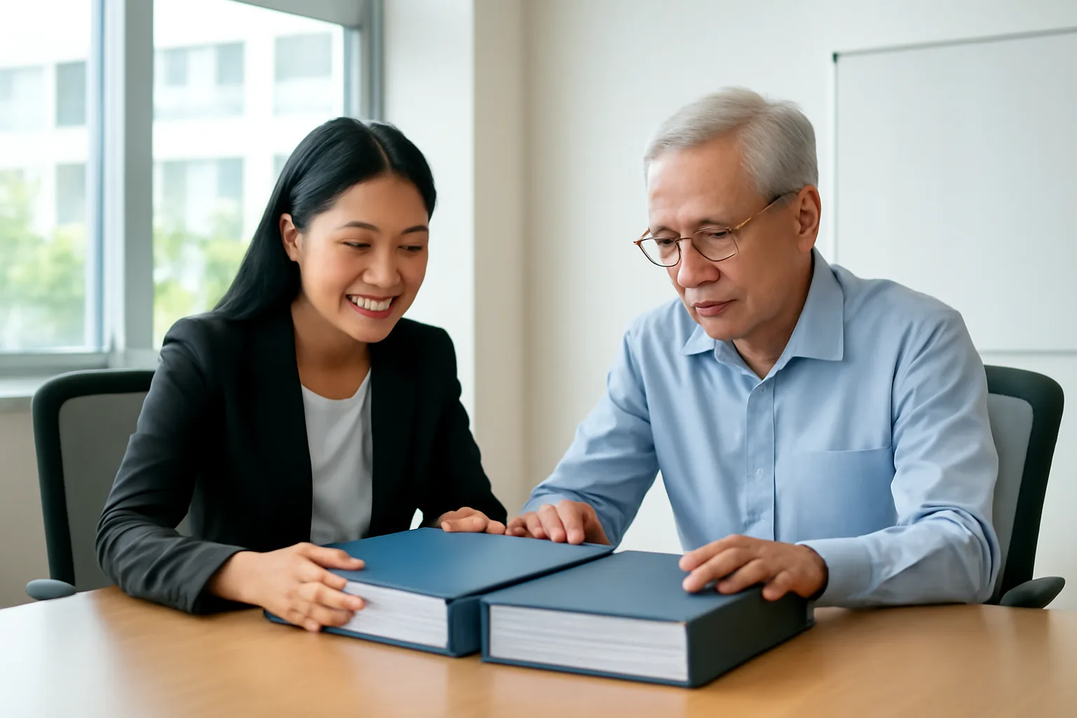 Giám đốc tài chính và kế toán trưởng đặt hai tập hồ sơ cũ và mới cạnh nhau trên bàn họp