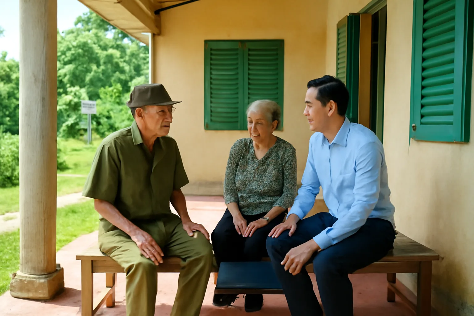 Cán bộ địa phương đến thăm hộ gia đình cựu chiến binh trước hiên nhà ở vùng nông thôn