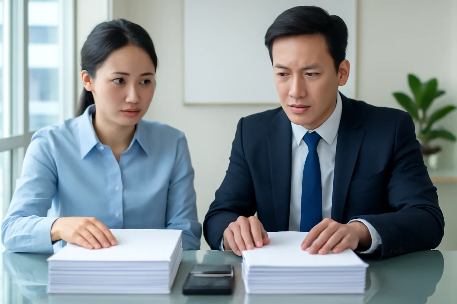 Kế toán trưởng và giám đốc so sánh hai phương án trên hai xấp giấy đặt cạnh nhau