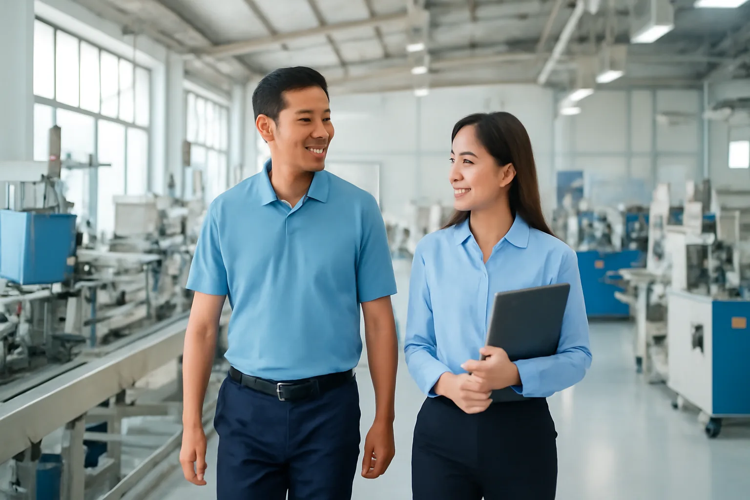 Chủ xưởng sản xuất cùng kế toán kiểm tra dây chuyền và xấp hồ sơ tại nhà xưởng