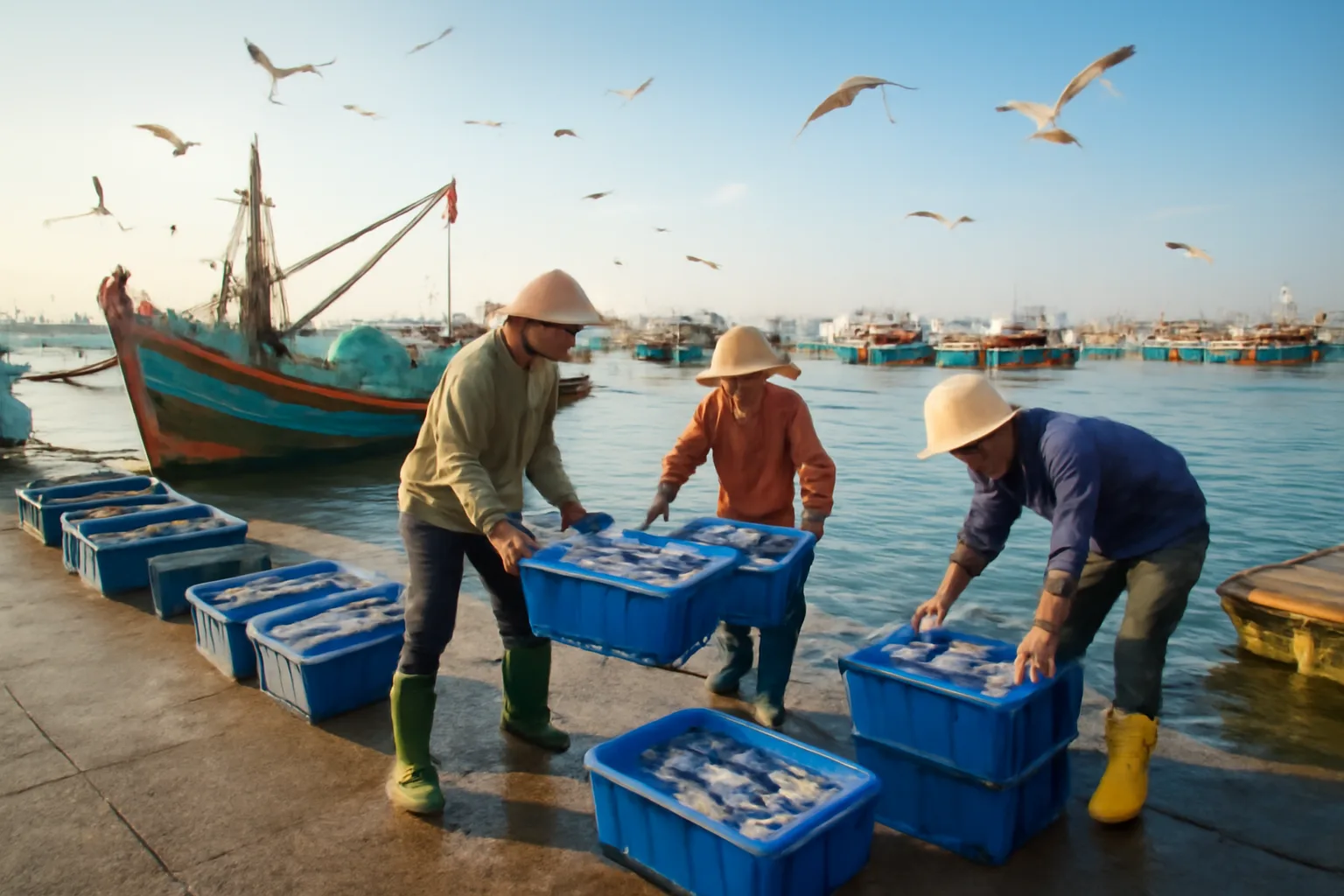 Ngư dân kéo lưới và xếp thùng cá trên boong tàu gỗ cập bến