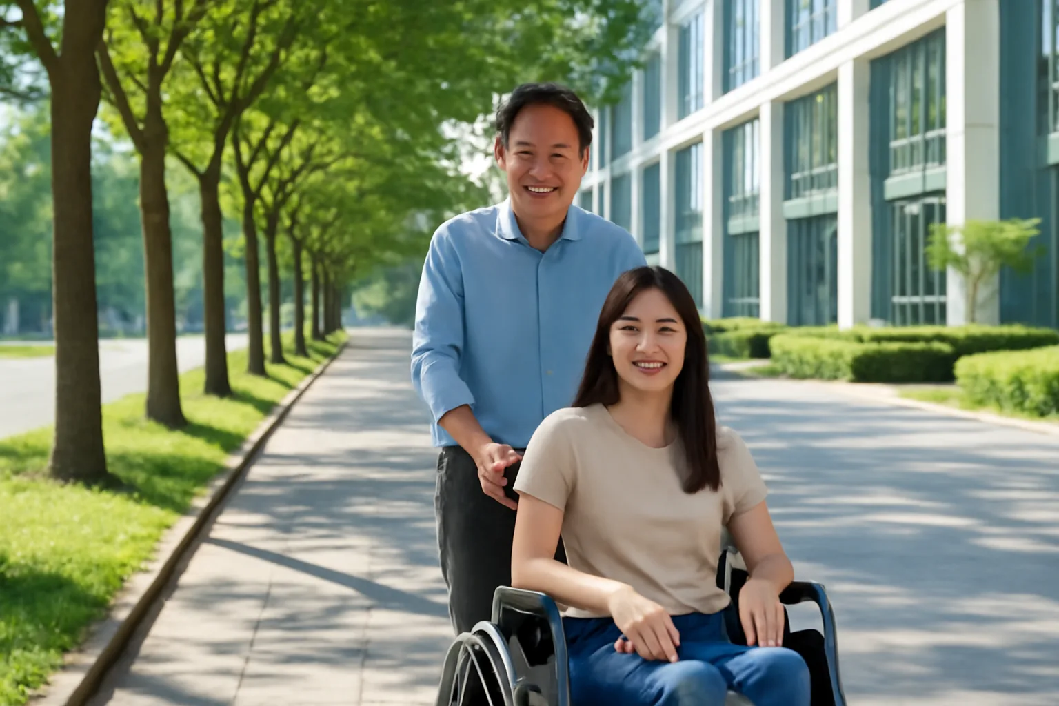 Người cha đẩy xe lăn cho con gái trên đường đi làm buổi sáng